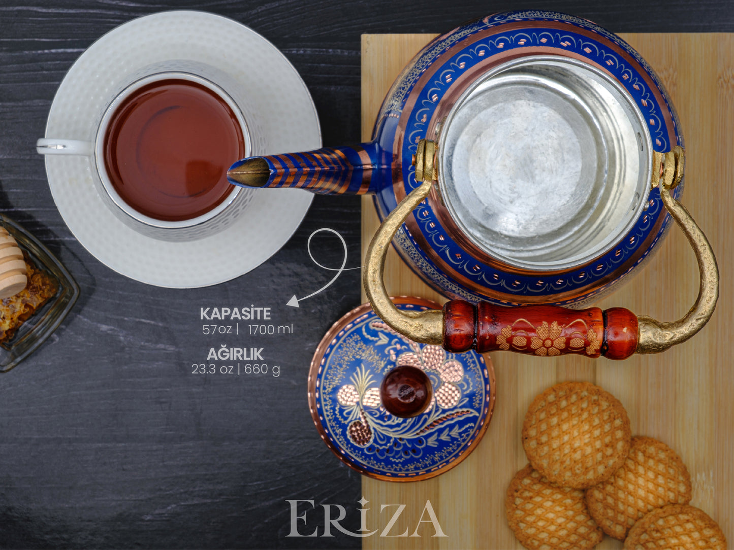 Bakır Çaydanlık, 1700 Ml, Mavi