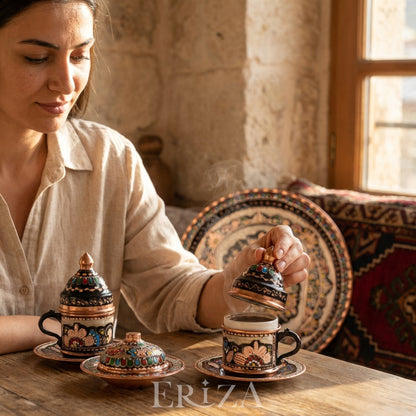 Fincanlı, Tepsili, Lokumluklu Özel Sunum Takımı, El İşlemesi Bakır Kahve Seti