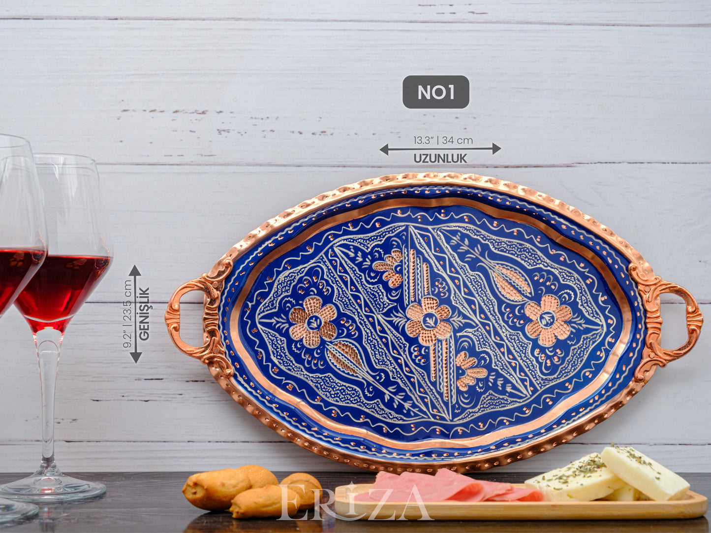 Bakır Oval Servis Tepsisi, Mavi