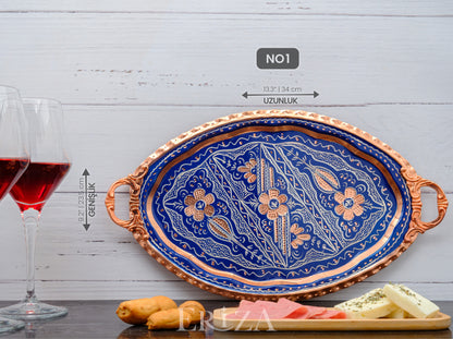 Bakır Oval Servis Tepsisi, Mavi