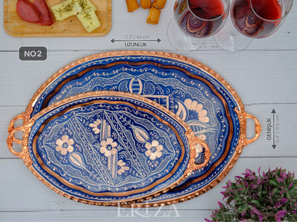 Bakır Oval Servis Tepsisi, Mavi