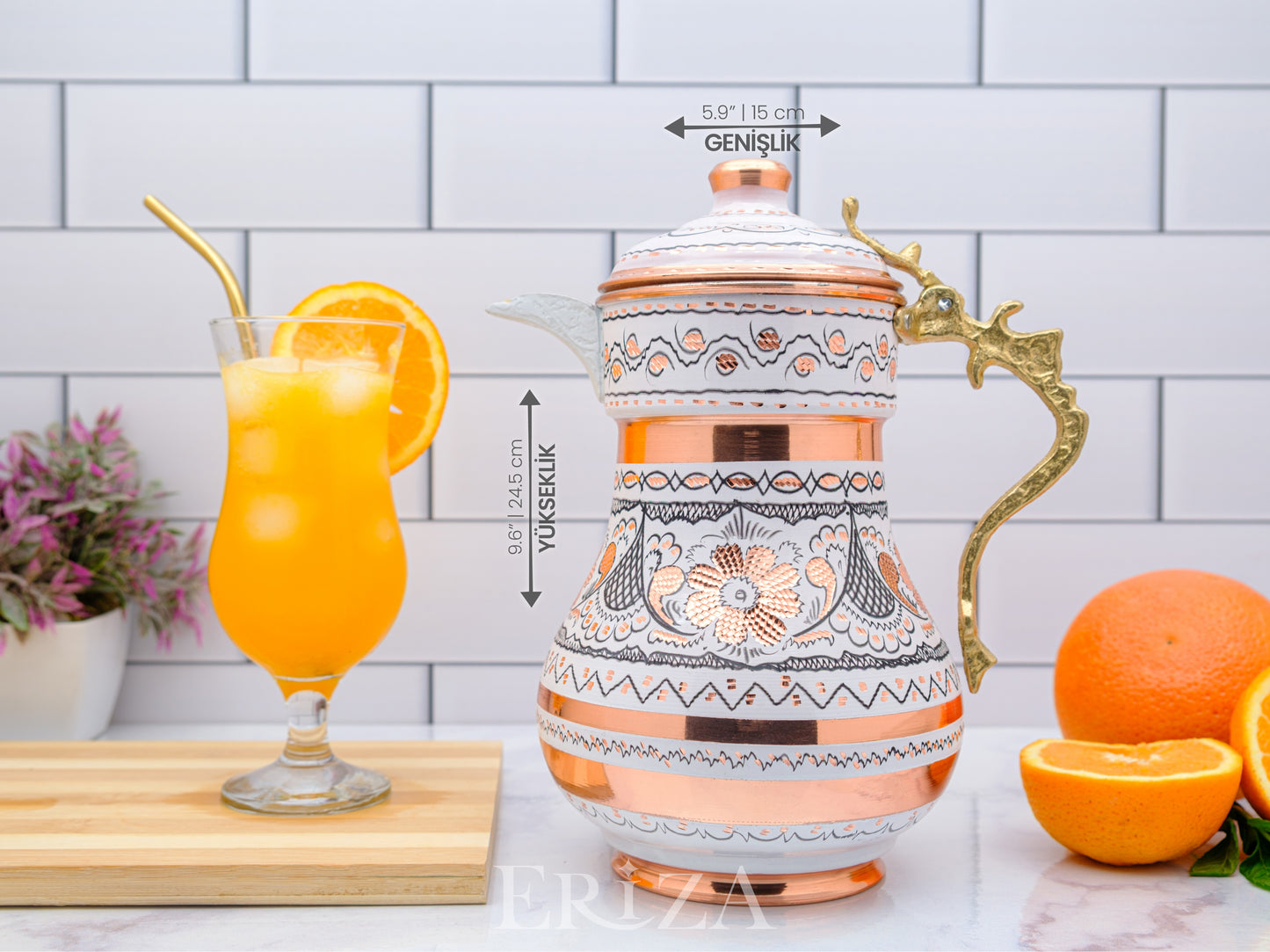 Bakır Kapaklı Sürahi, 2200 Ml, Beyaz