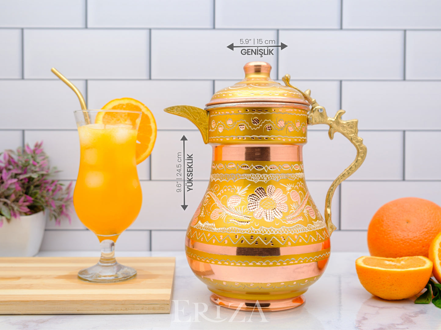Bakır Kapaklı Sürahi, 2200 Ml, Altın