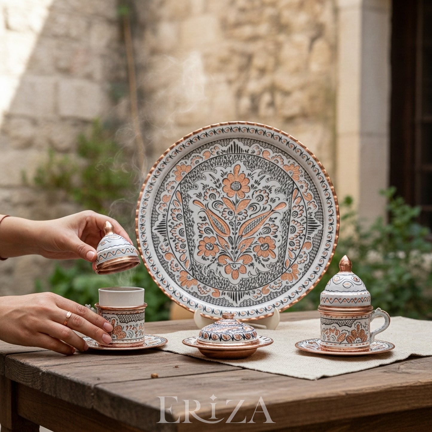 Fincanlı, Tepsili, Lokumluklu Özel Sunum Takımı, El İşlemesi Bakır Kahve Seti