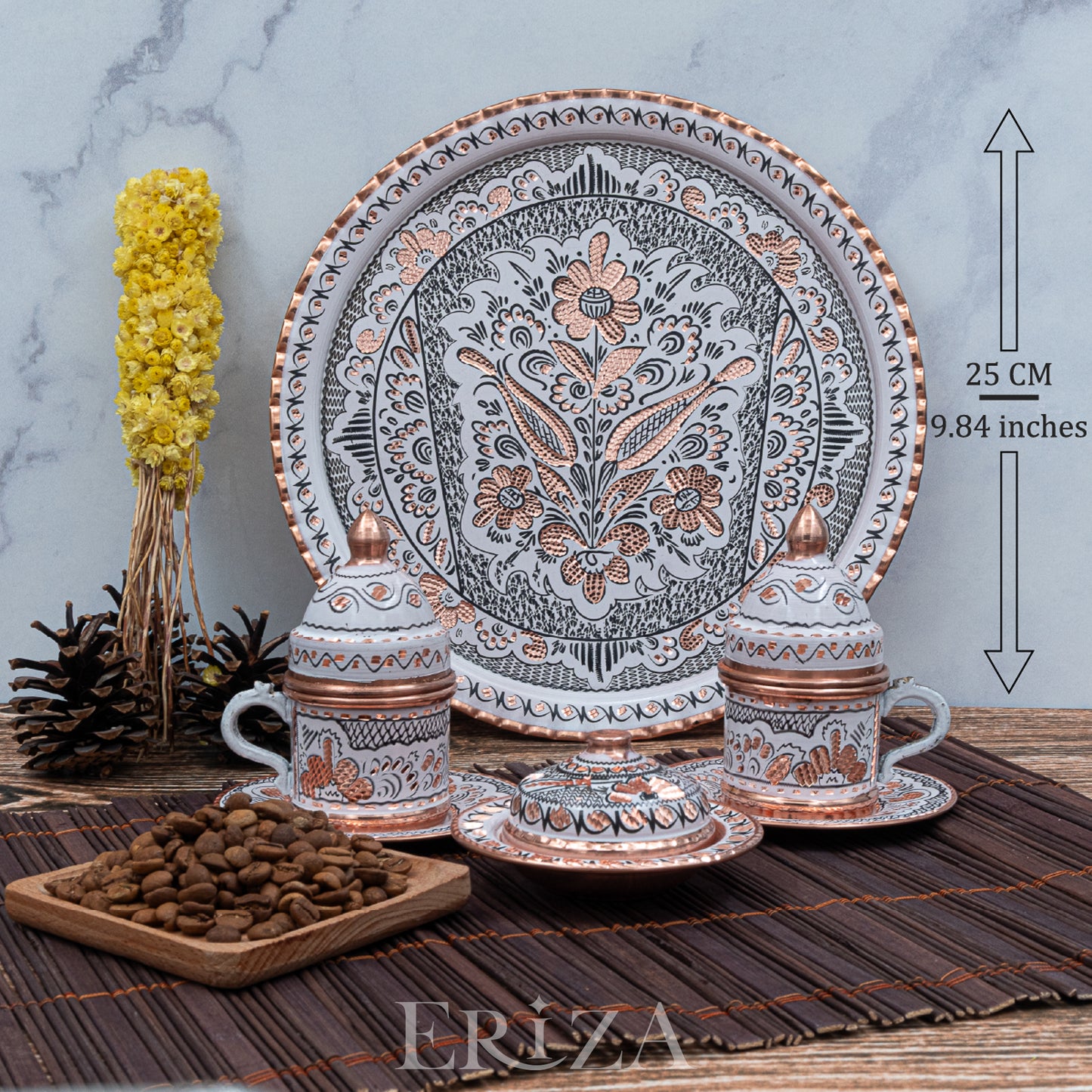 Fincanlı, Tepsili, Lokumluklu Özel Sunum Takımı, El İşlemesi Bakır Kahve Seti