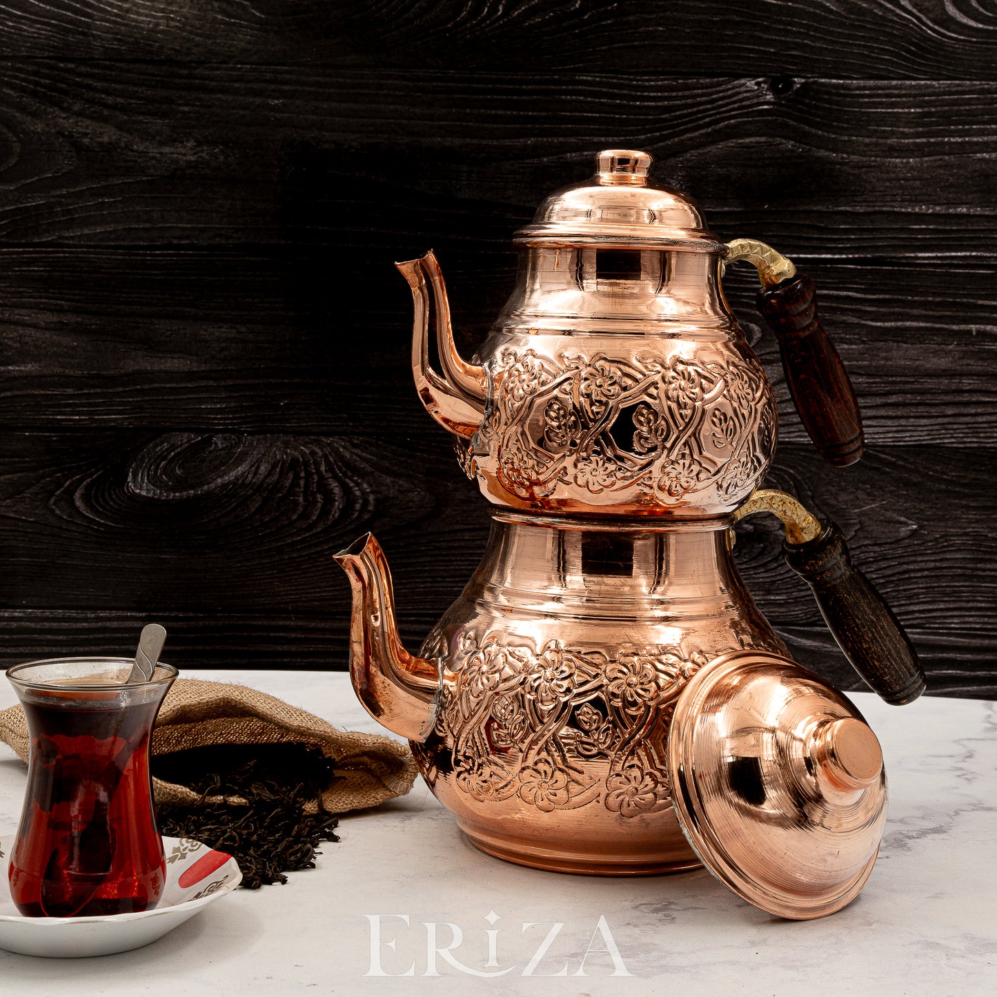 Kahramanmaraş İşlemeli Bakır İkili Çaydanlık Seti Altlıklı 1700 ml / 950 ml