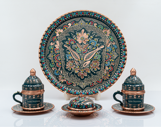 Kişiselleştirilebilir Bakır Kahve Takımı Geometrik Desen Geleneksel İşlemeli Tepsi Yeşil Renk