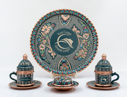 Kişiselleştirilebilir Geometrik Desen Bakır Kahve Fincanı İsim ve Logo İşlemeli Mavi Renk