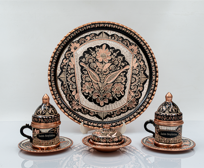 Kişiselleştirilebilir Geleneksel İşleme Bakır Kahve Fincanı İsim ve Logo İşlemeli Gold Renk