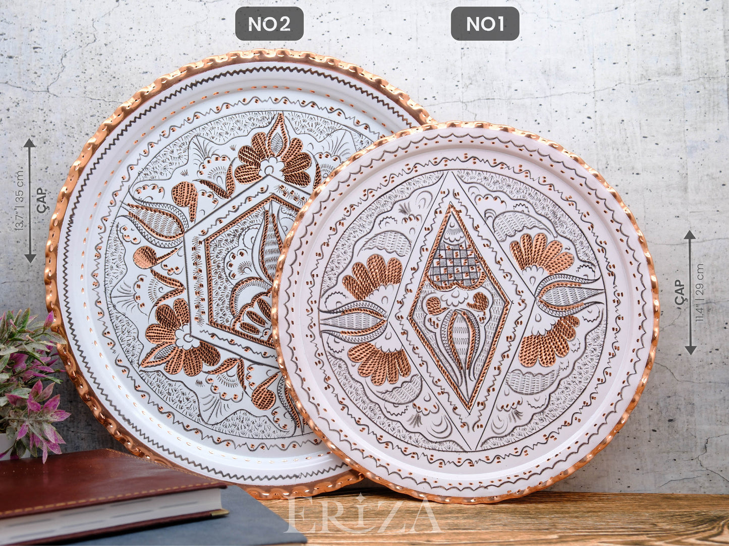 Bakır Yuvarlak Servis Tepsisi, 30/35 Cm, Beyaz