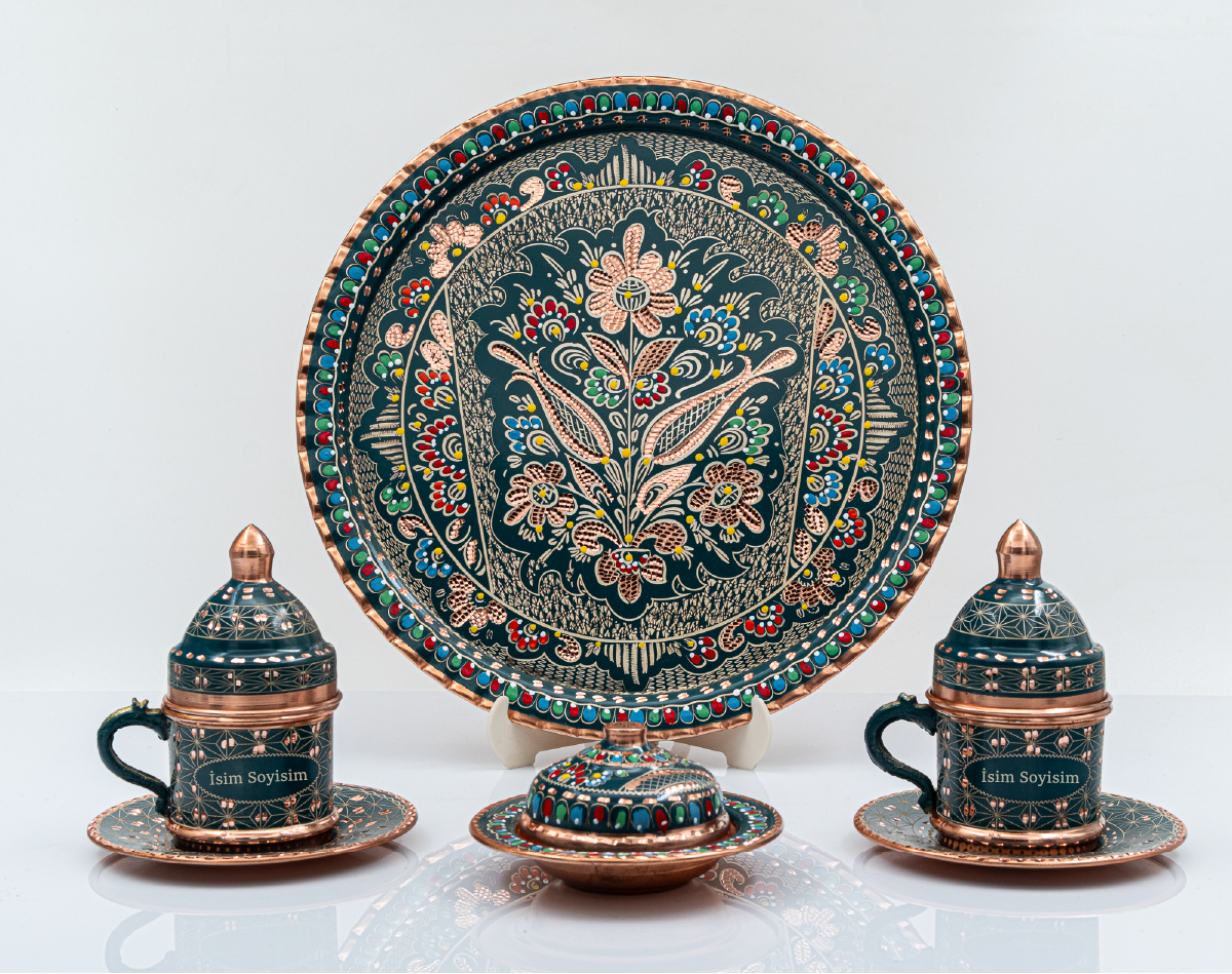 Kişiselleştirilebilir Bakır Kahve Takımı Geometrik Desen Geleneksel İşlemeli Tepsi Mavi Renk