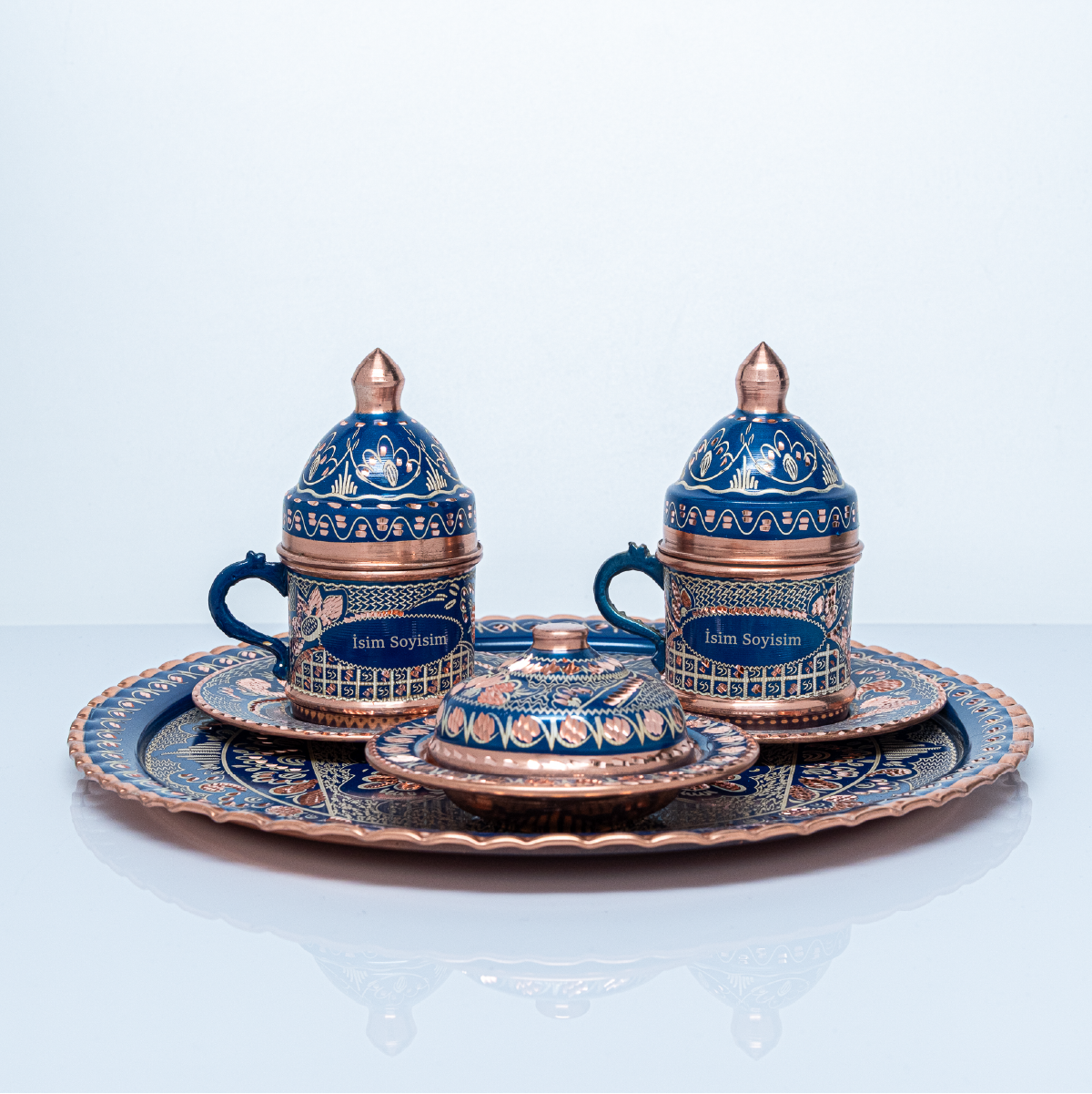 Kişiselleştirilebilir Geleneksel İşleme Bakır Kahve Fincanı İsim ve Logo İşlemeli Mavi Renk