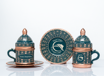 Kişiselleştirilebilir Geometrik Desen Bakır Kahve Fincanı İsim ve Logo İşlemeli Mavi Renk