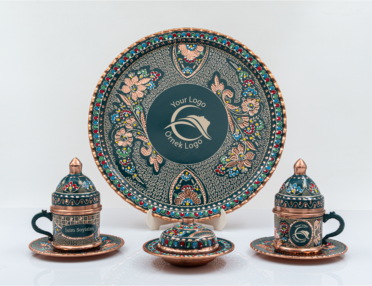 Kişiselleştirilebilir Geleneksel İşleme Bakır Kahve Fincanı İsim ve Logo İşlemeli Siyah Renk