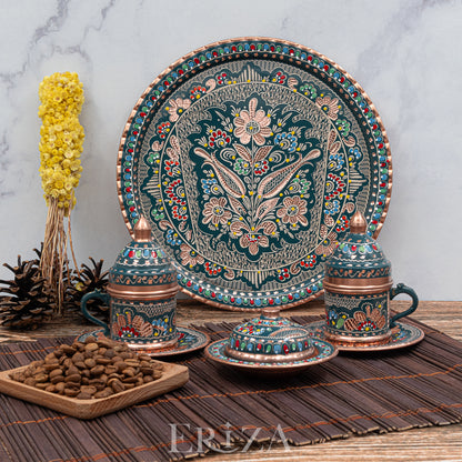 Fincanlı, Tepsili, Lokumluklu Özel Sunum Takımı, El İşlemesi Bakır Kahve Seti