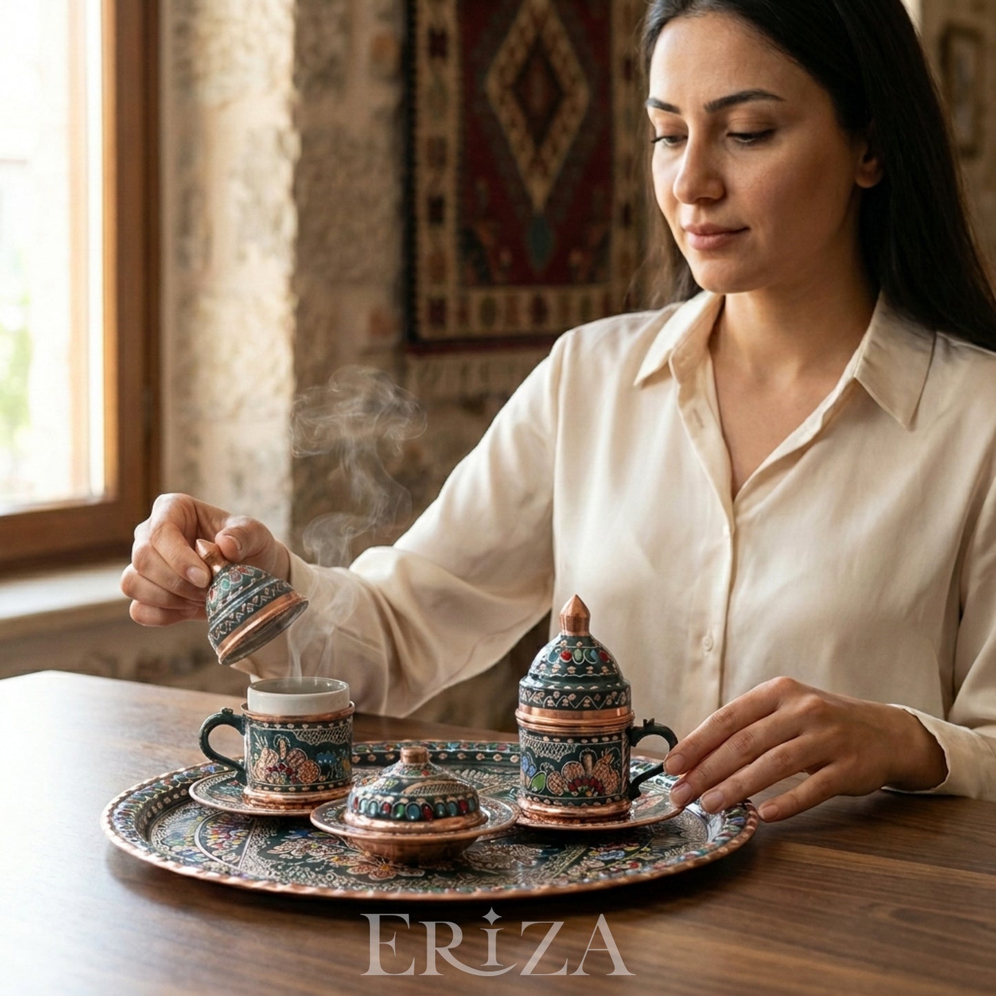 Fincanlı, Tepsili, Lokumluklu Özel Sunum Takımı, El İşlemesi Bakır Kahve Seti