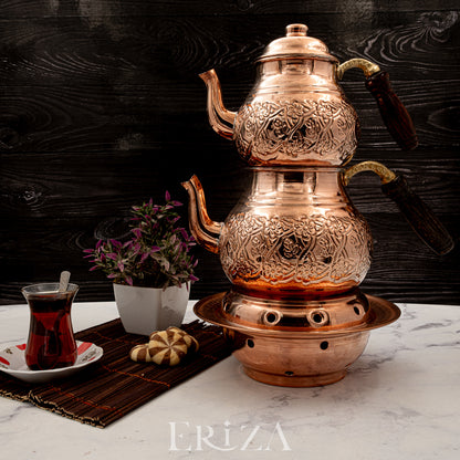 Kahramanmaraş İşlemeli Bakır İkili Çaydanlık Seti Altlıklı 1700 ml / 950 ml