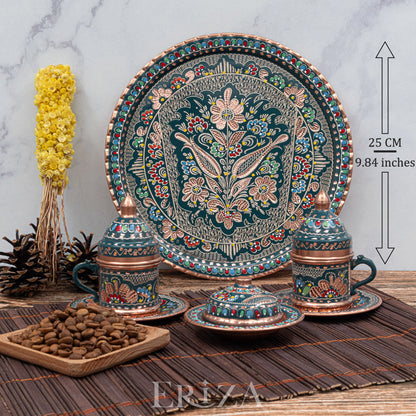 Fincanlı, Tepsili, Lokumluklu Özel Sunum Takımı, El İşlemesi Bakır Kahve Seti