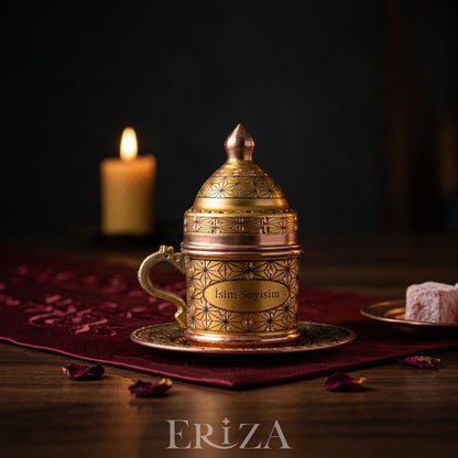 Kişiselleştirilebilir Geometrik Desen Bakır Kahve Fincanı İsim ve Logo İşlemeli Gold Renk
