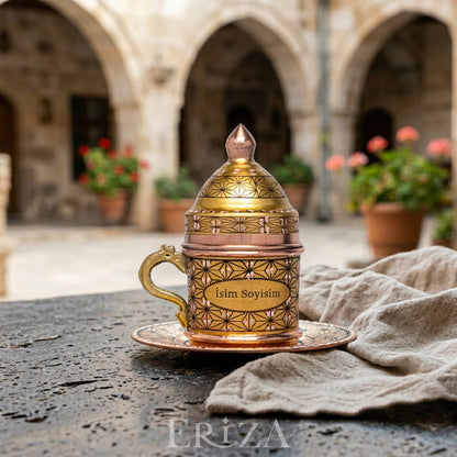 Kişiselleştirilebilir Geometrik Desen Bakır Kahve Fincanı İsim ve Logo İşlemeli Gold Renk