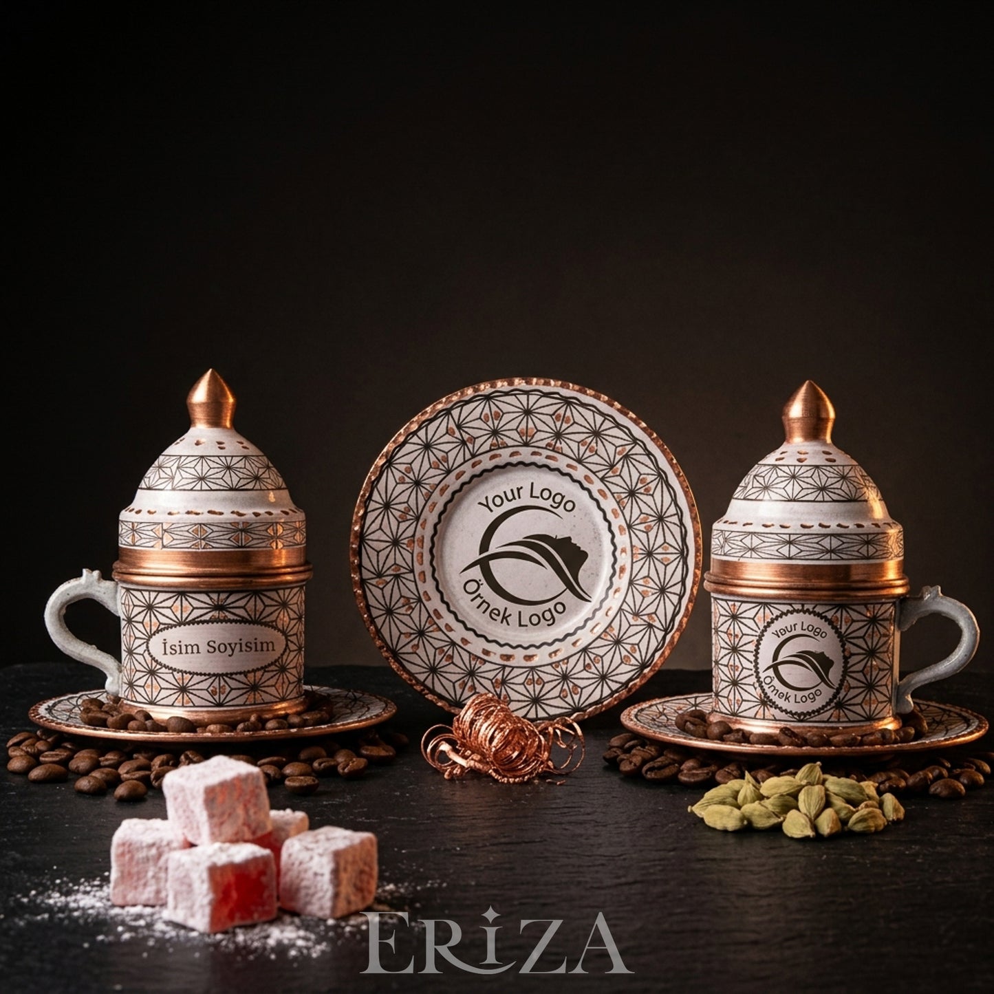 Kişiselleştirilebilir Geometrik Desen Bakır Kahve Fincanı İsim ve Logo İşlemeli Beyaz Renk