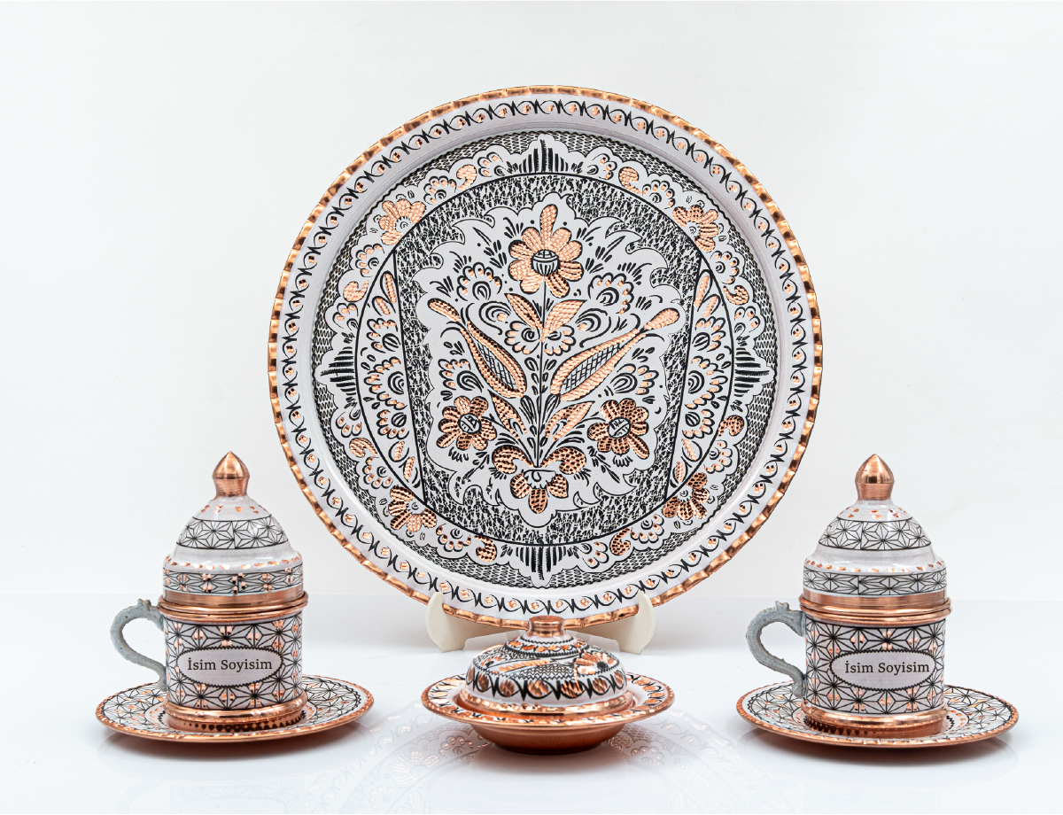 Kişiselleştirilebilir Geometrik Desen Bakır Kahve Fincanı İsim ve Logo İşlemeli Mavi Renk