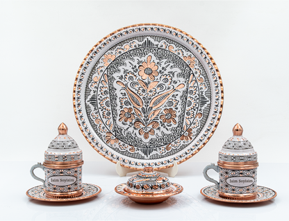 Kişiselleştirilebilir Bakır Kahve Takımı Geometrik Desen Ortası Logolu Tepsi Mavi Renk