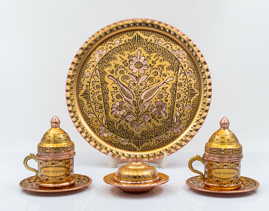 Kişiselleştirilebilir Bakır Kahve Takımı Geometrik Desen Geleneksel İşlemeli Tepsi Gold Renk
