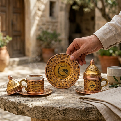 Kişiselleştirilebilir Bakır Kahve Takımı Geometrik Desen Ortası Logolu Tepsi Gold Renk