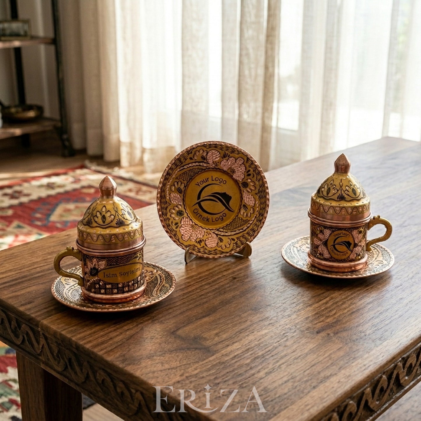 Kişiselleştirilebilir Geleneksel İşleme Bakır Kahve Fincanı İsim ve Logo İşlemeli Gold Renk