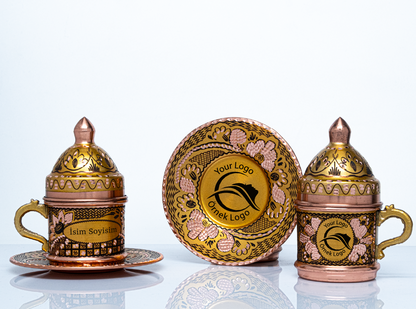 Kişiselleştirilebilir Geleneksel İşleme Bakır Kahve Fincanı İsim ve Logo İşlemeli Beyaz Renk