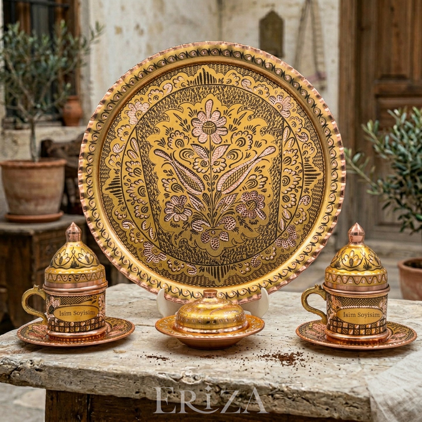 Kişiselleştirilebilir  Geleneksel İşleme Bakır Kahve Takımı İsim ve Logo İşlemeli gold Renk