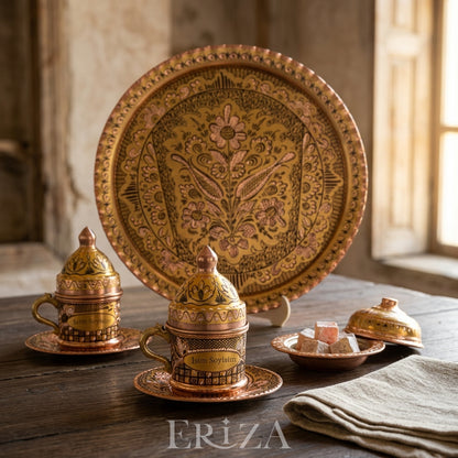 Kişiselleştirilebilir  Geleneksel İşleme Bakır Kahve Takımı İsim ve Logo İşlemeli gold Renk