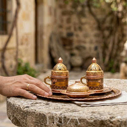 Kişiselleştirilebilir  Geleneksel İşleme Bakır Kahve Takımı İsim ve Logo İşlemeli gold Renk