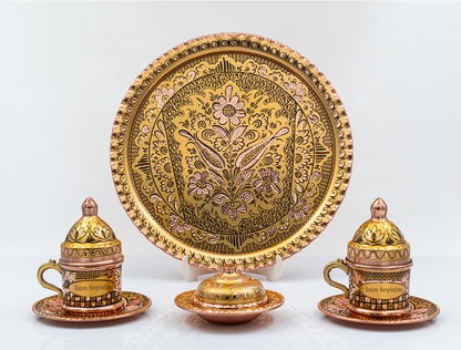 Kişiselleştirilebilir Geleneksel İşleme Bakır Kahve Fincanı İsim ve Logo İşlemeli Gold Renk