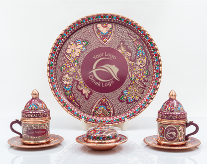 Kişiselleştirilebilir Geleneksel İşleme Bakır Kahve Fincanı İsim ve Logo İşlemeli Lila Renk