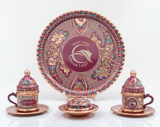 Kişiselleştirilebilir  Geleneksel İşleme Bakır Kahve Takımı İsim ve Tepsi Ortasına Logo İşlemeli Lila Renk