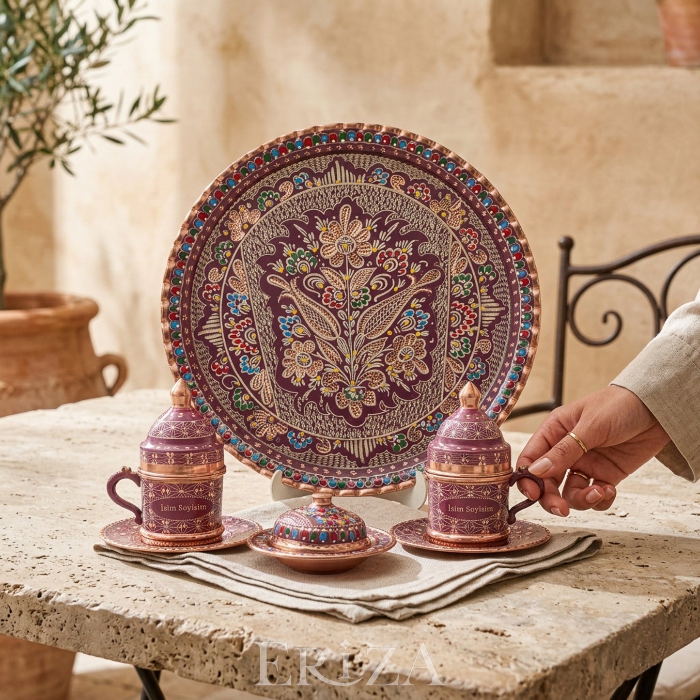 Kişiselleştirilebilir Bakır Kahve Takımı Geometrik Desen Geleneksel İşlemeli Tepsi Lila Renk