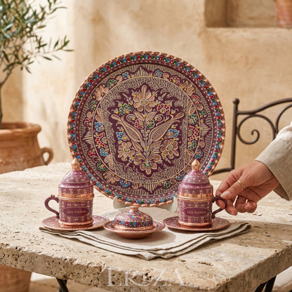 Kişiselleştirilebilir Bakır Kahve Takımı Geometrik Desen Geleneksel İşlemeli Tepsi Lila Renk