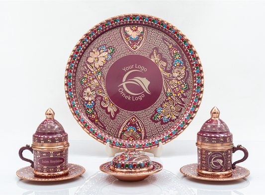 Kişiselleştirilebilir Bakır Kahve Takımı Geometrik Desen Ortası Logolu Tepsi Lila Renk