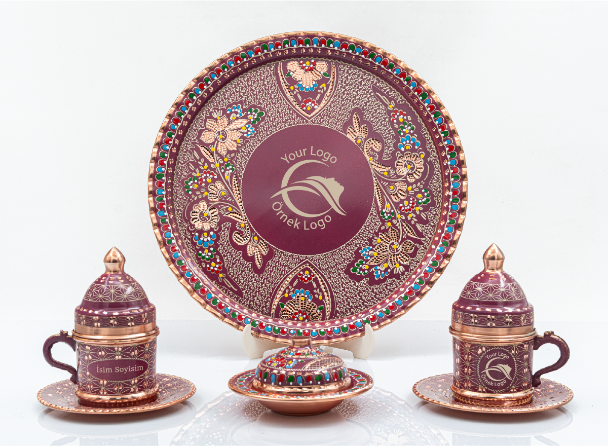 Kişiselleştirilebilir Bakır Kahve Takımı Geometrik Desen Geleneksel İşlemeli Tepsi Lila Renk