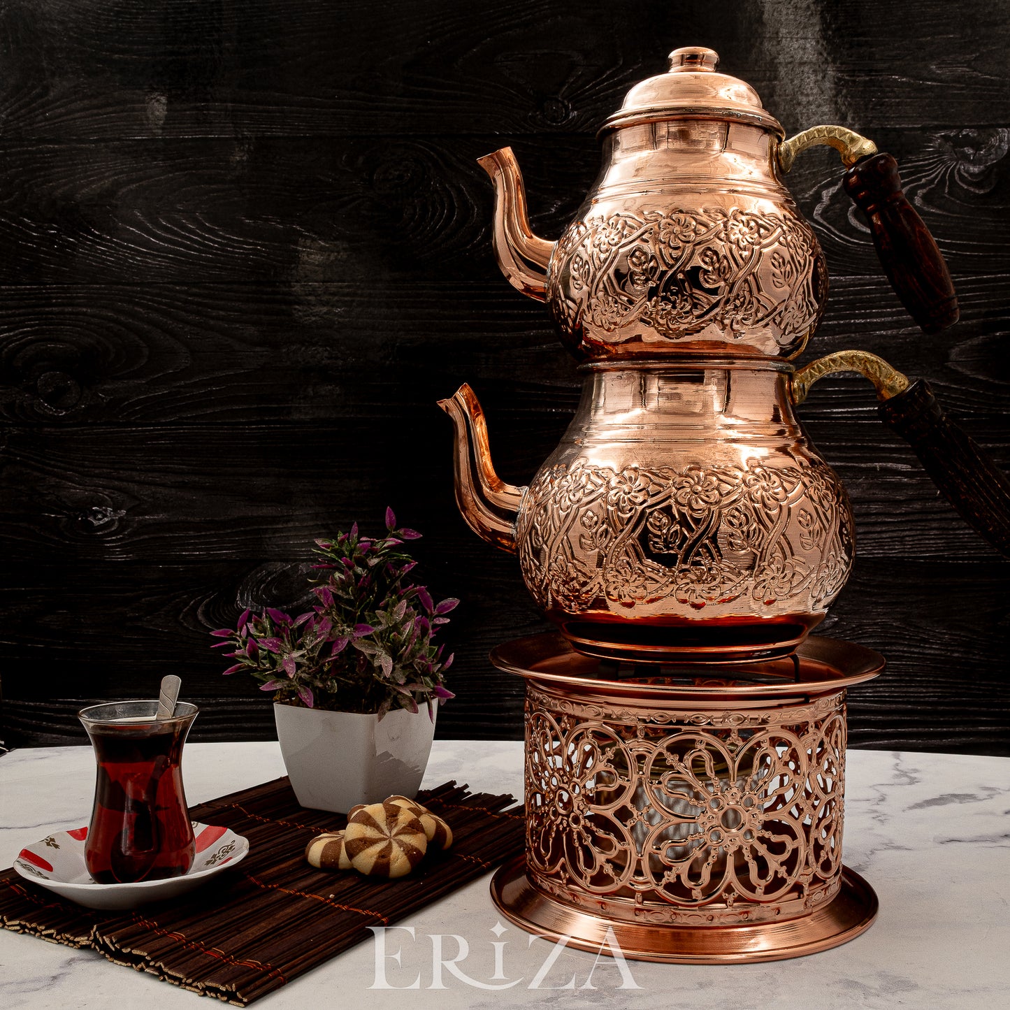 Kahramanmaraş İşlemeli Bakır İkili Çaydanlık Seti Altlıklı 1700 ml / 950 ml