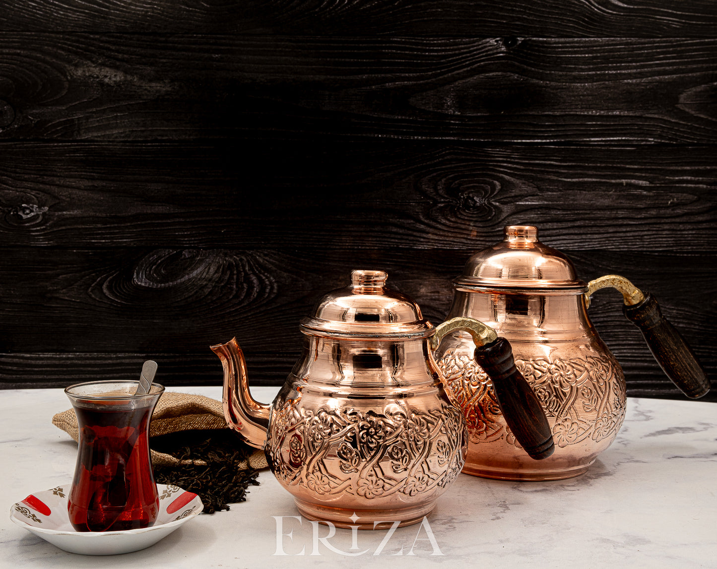 Kahramanmaraş İşlemeli Bakır İkili Çaydanlık Seti Altlıklı 1700 ml / 950 ml