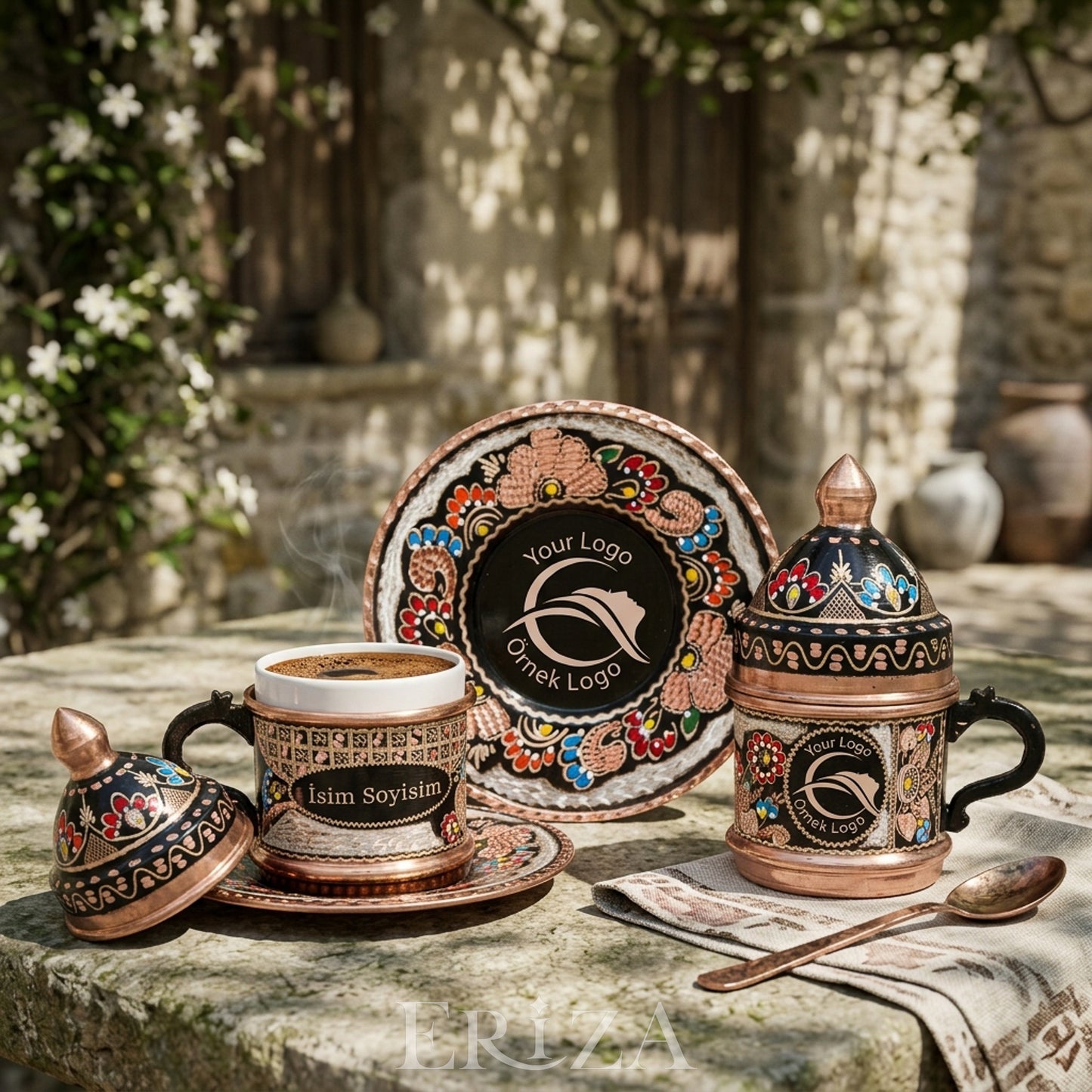 Kişiselleştirilebilir Mineli Geleneksel İşleme Bakır Kahve Fincanı İsim ve Logo İşlemeli