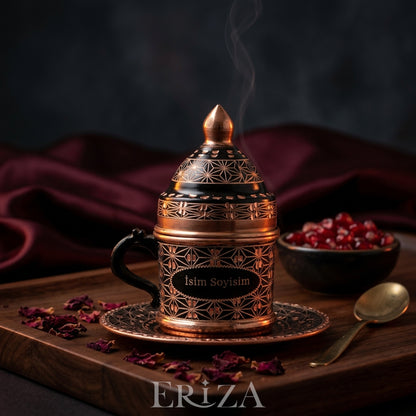 Kişiselleştirilebilir  Geometrik Desen Bakır Kahve Fincanı İsim ve Logo İşlemeli Siyah Renk