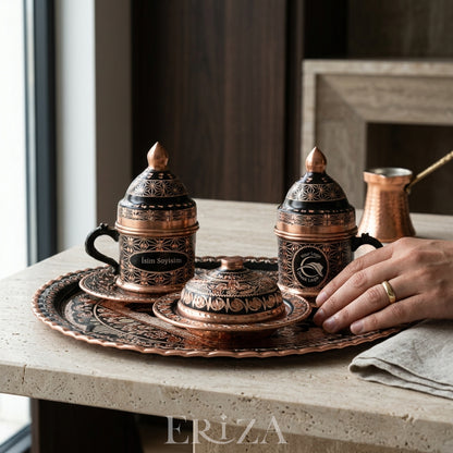 Kişiselleştirilebilir Bakır Kahve Takımı Geometrik Desen Geleneksel İşlemeli Tepsi Siyah Renk