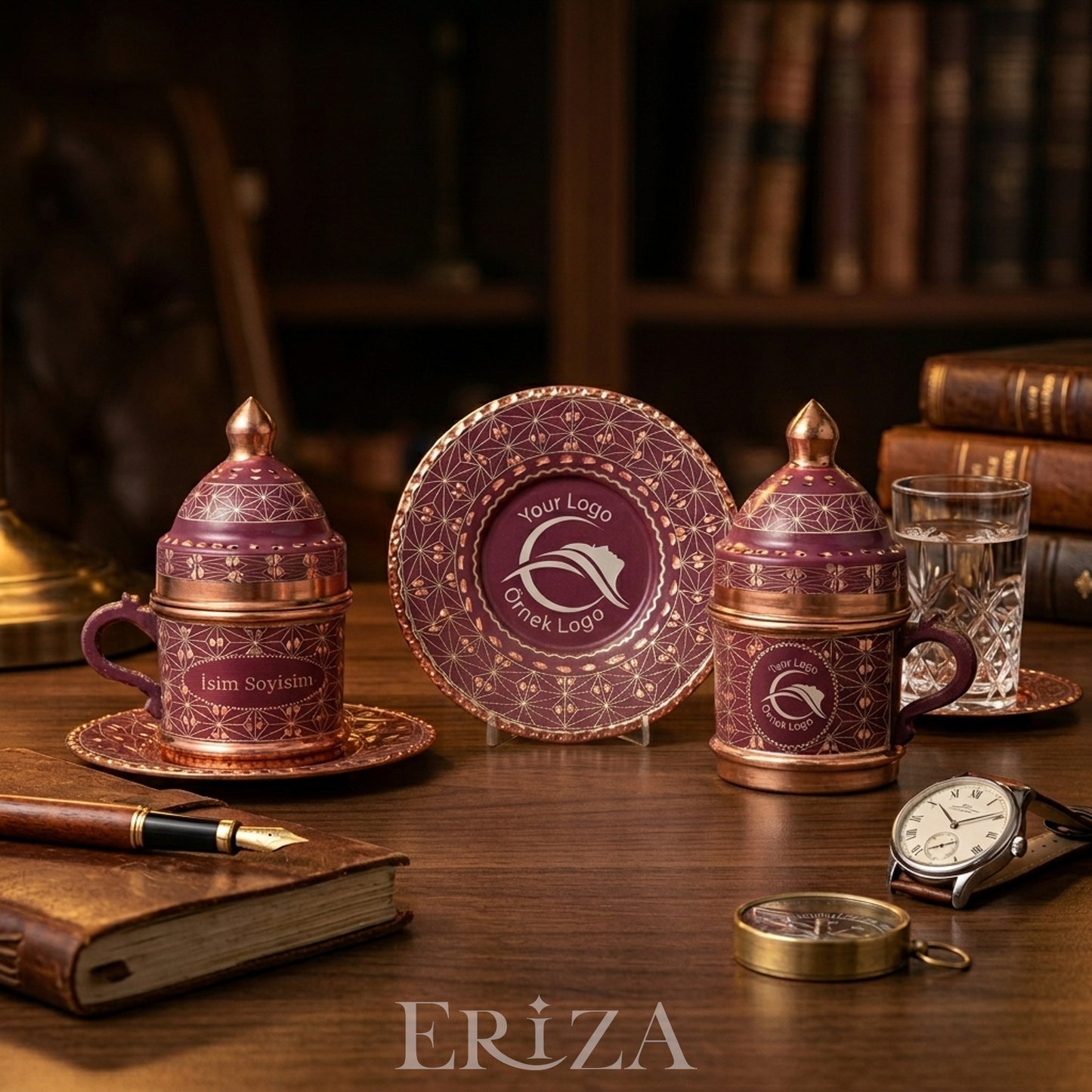 Kişiselleştirilebilir Geometrik Desen Bakır Kahve Fincanı İsim ve Logo İşlemeli Lila Renk