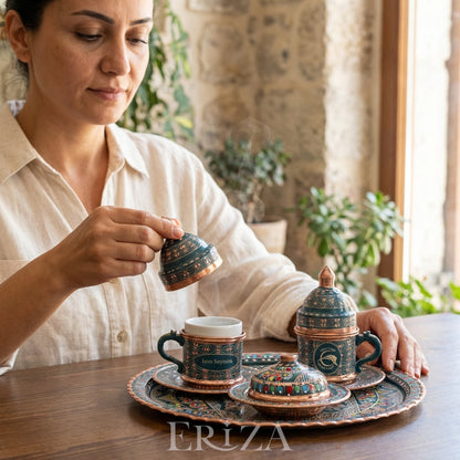 Kişiselleştirilebilir Bakır Kahve Takımı Geometrik Desen Geleneksel İşlemeli Tepsi Yeşil Renk