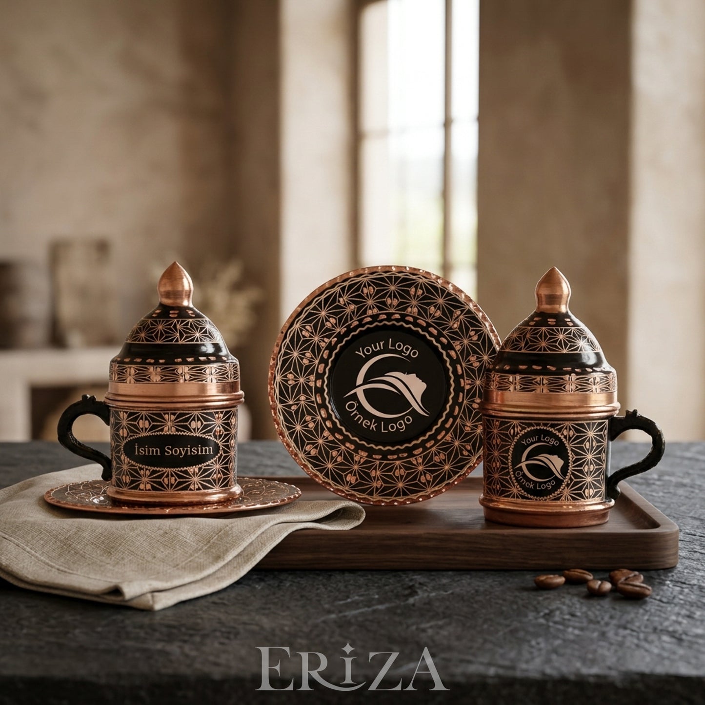 Kişiselleştirilebilir  Geometrik Desen Bakır Kahve Fincanı İsim ve Logo İşlemeli Siyah Renk