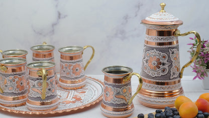 Kapaklı Bakır Sürahi ve Tepsili Bardak Takımı, Beyaz
